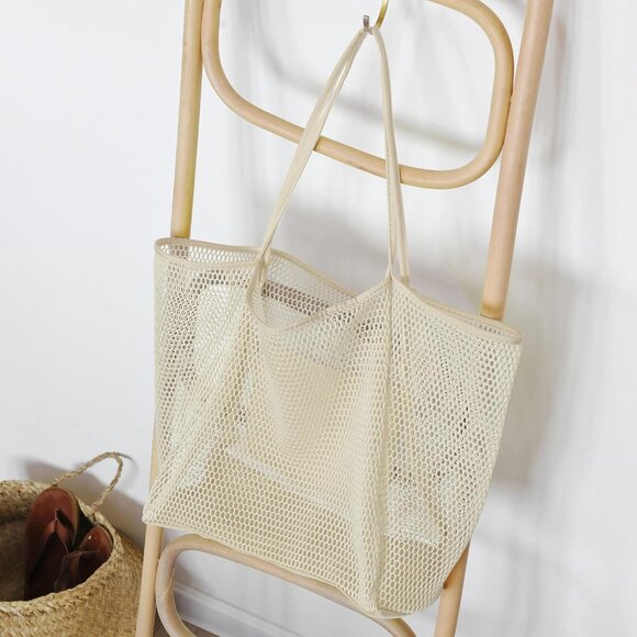 Women's Cream-beige Mesh Beach Nylon&Polyester No-closure Tote Shoulder Handbag - Picture 4 of 6